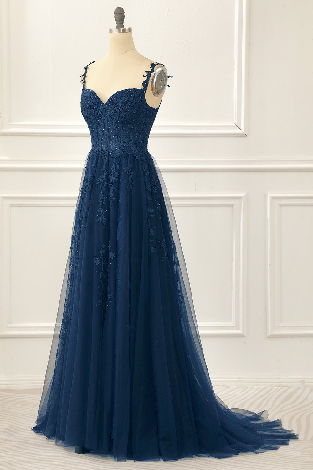 A Line Spaghetti Straps Lace Navy Prom Dress with Appliques