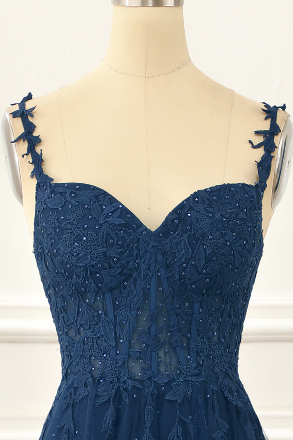 A Line Spaghetti Straps Lace Navy Prom Dress with Appliques