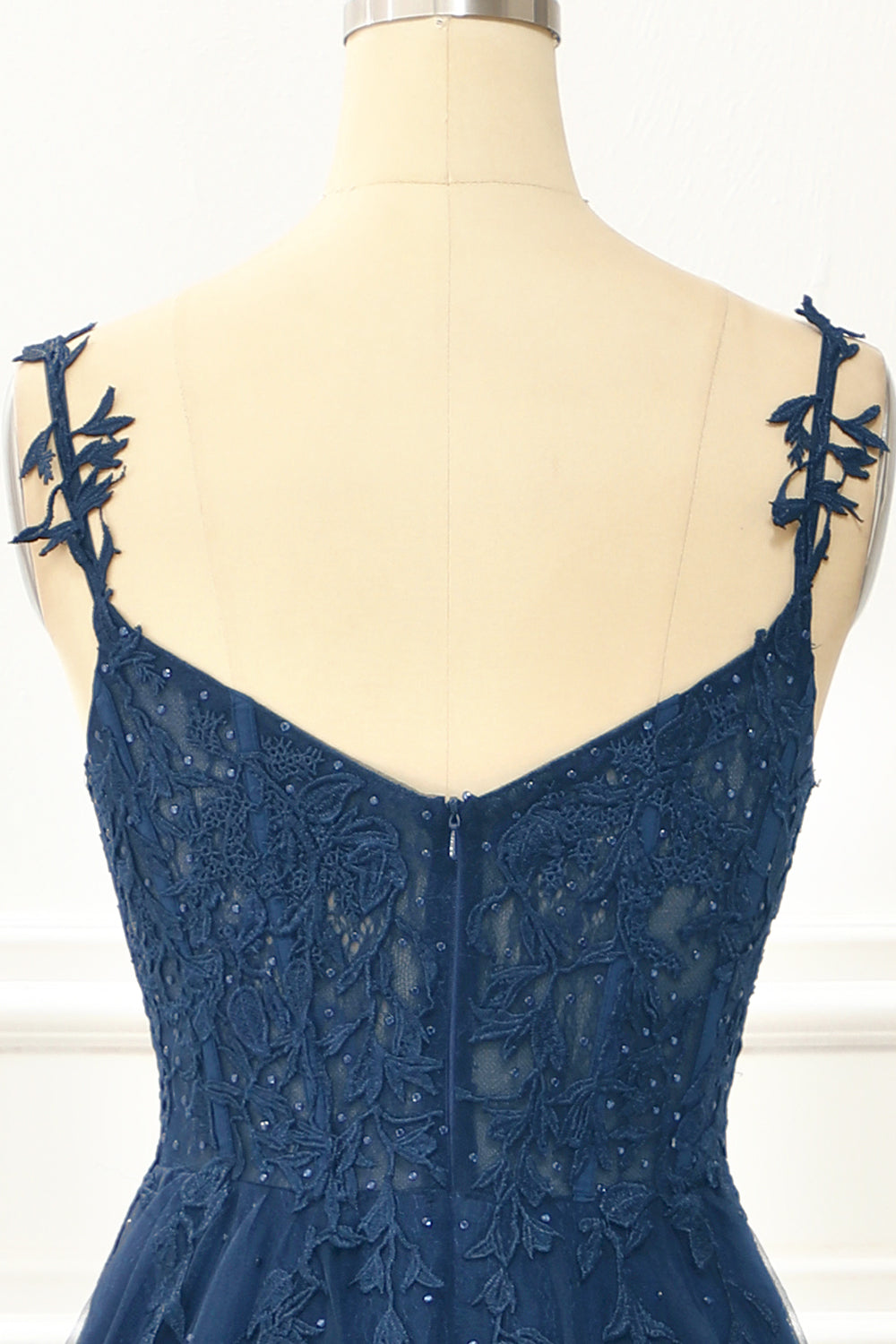 A Line Spaghetti Straps Lace Navy Prom Dress with Appliques