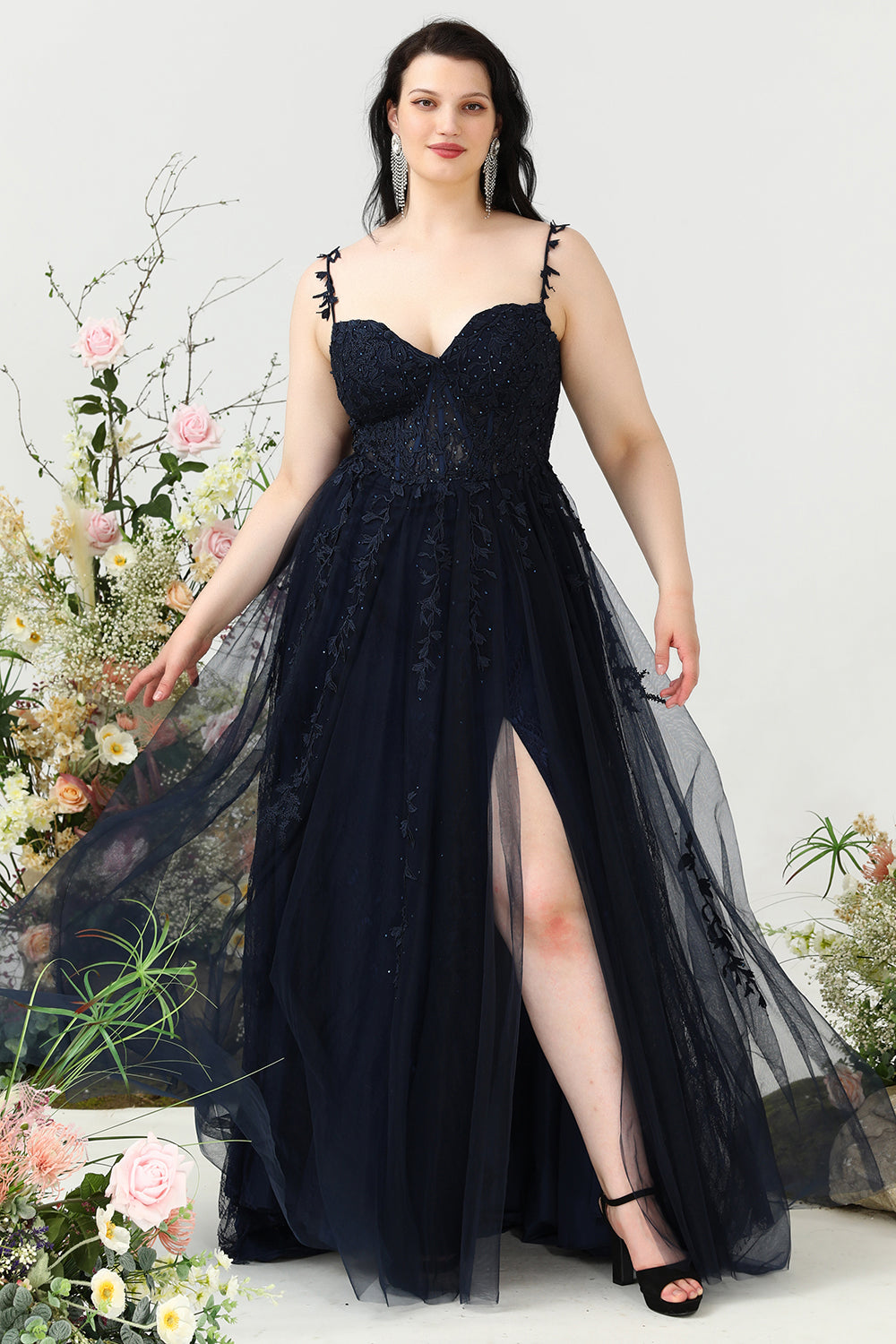 A Line Spaghetti Straps Navy Plus Size Prom Dress with Appliques