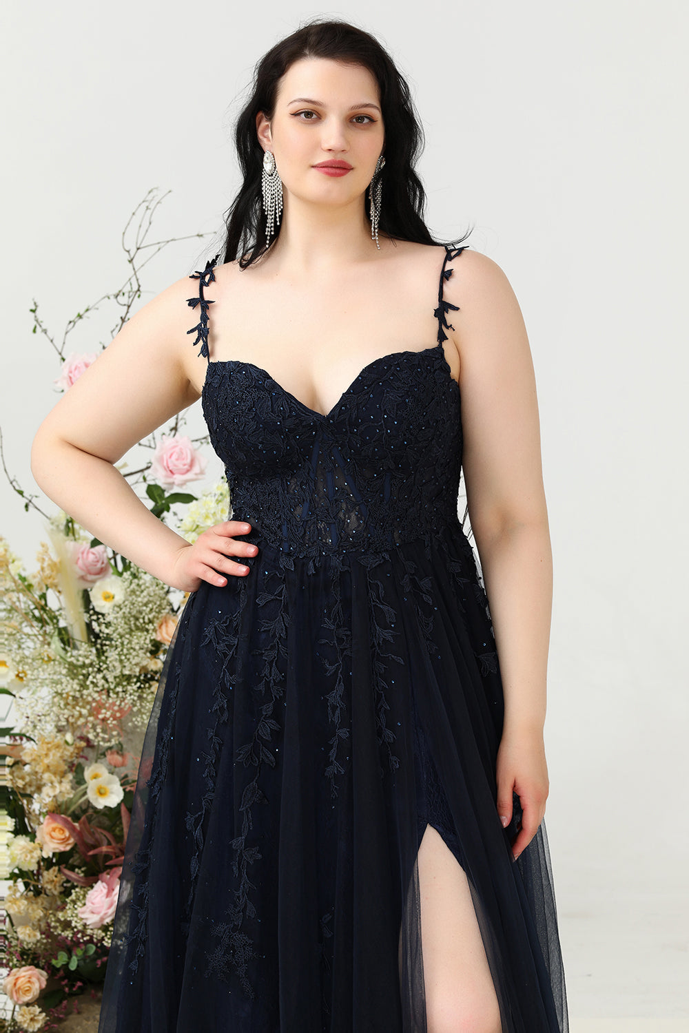 A Line Spaghetti Straps Navy Plus Size Prom Dress with Appliques