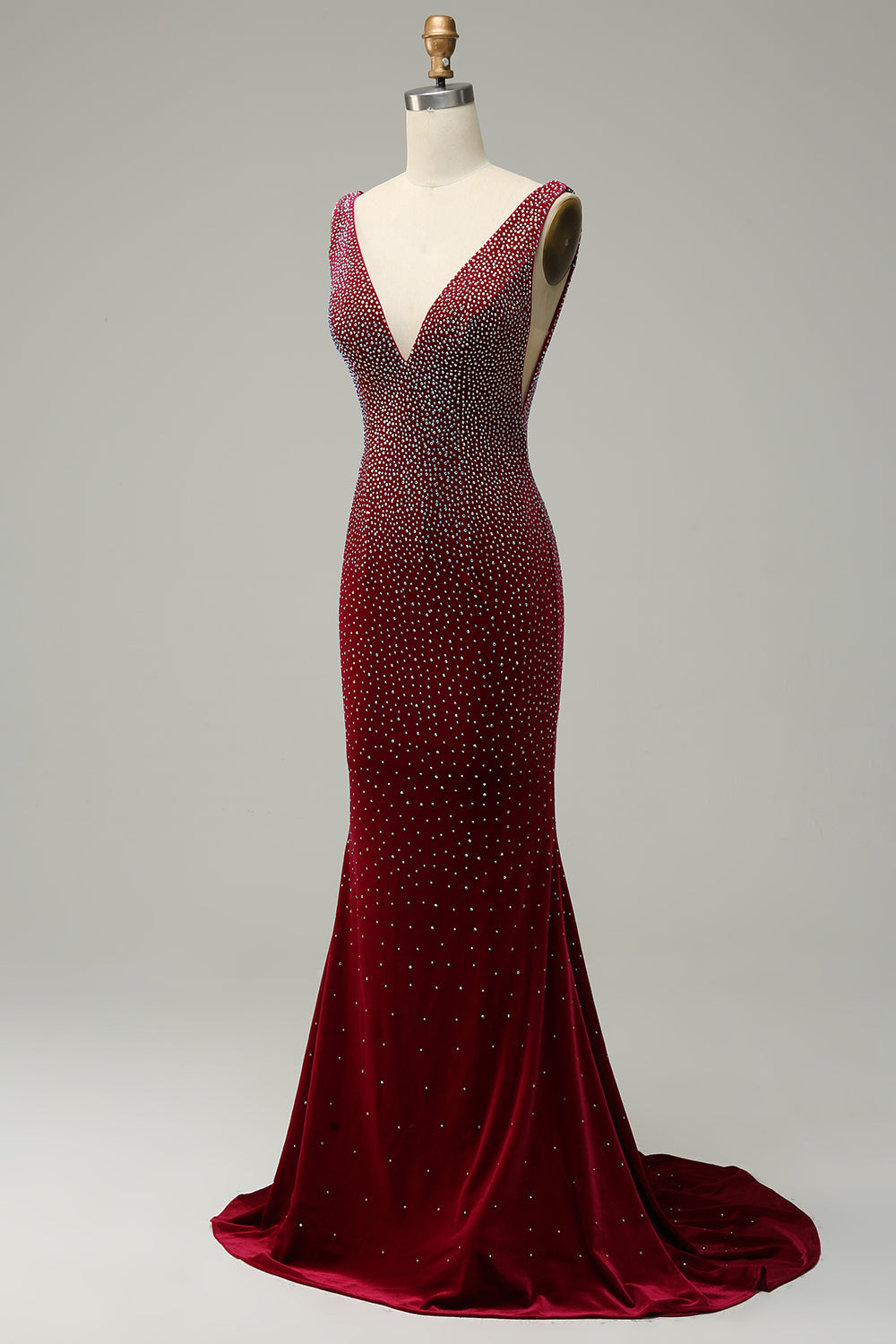 Mermaid Deep V Neck Burgundy Long Prom Dress with Beading