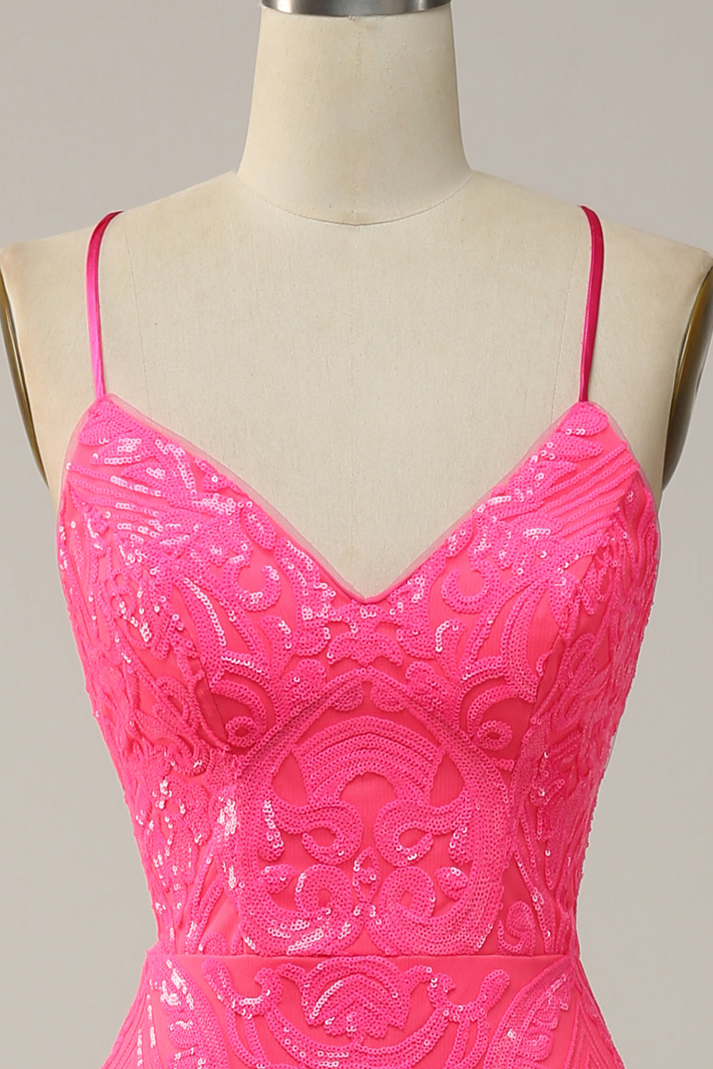 Mermaid Spaghetti Straps Sequined Hot Pink Long Prom Dress