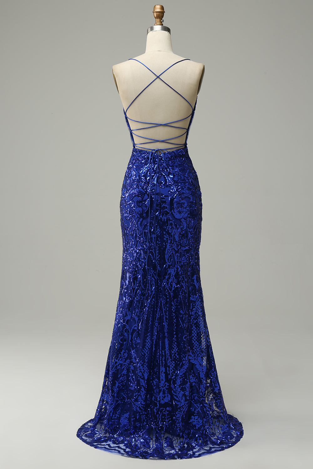 Mermaid Spaghetti Straps Royal Blue Sequins Long Prom Dress with Criss Cross Back