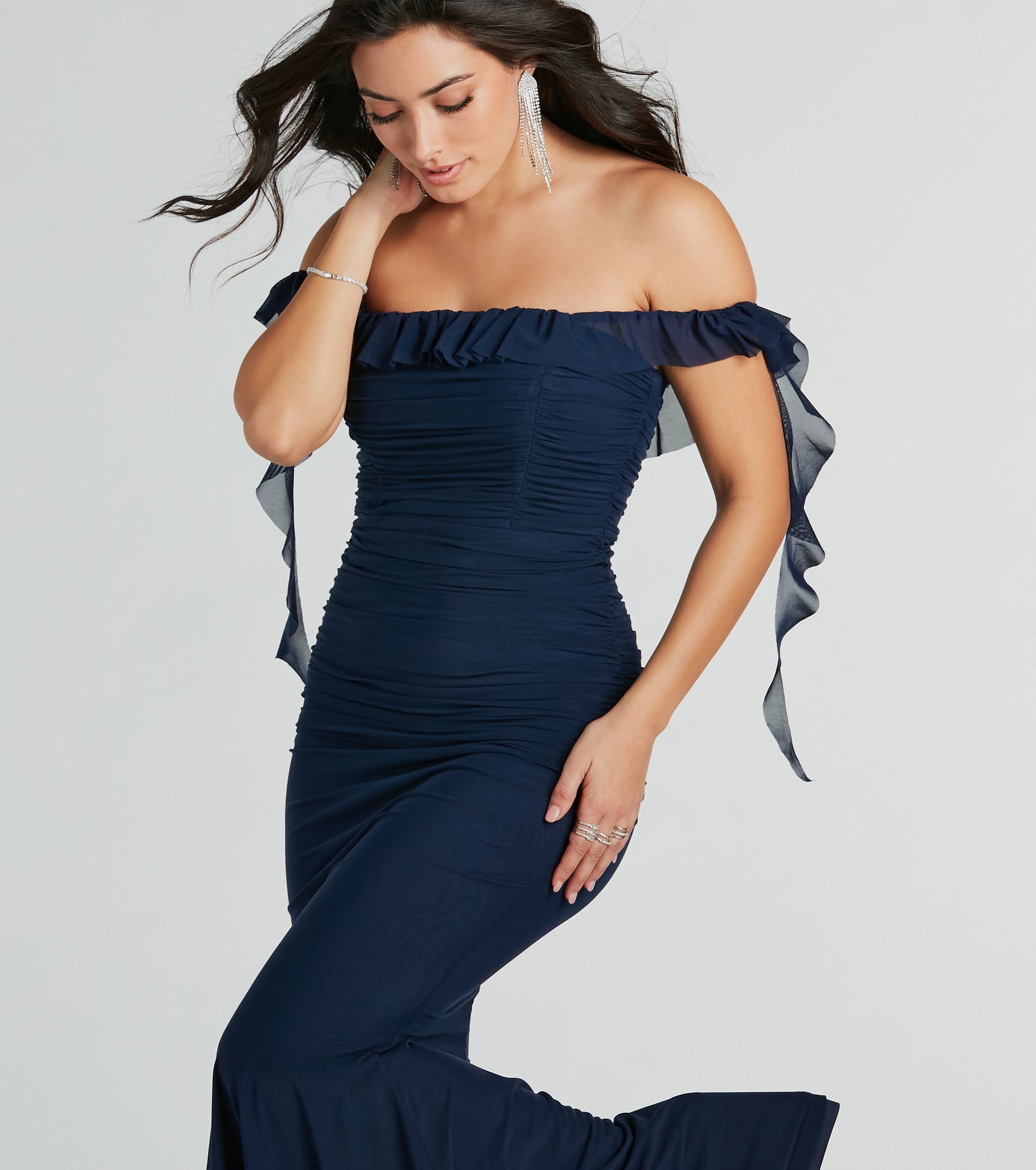 Deyna Formal Mesh Off-The-Shoulder Long Dress