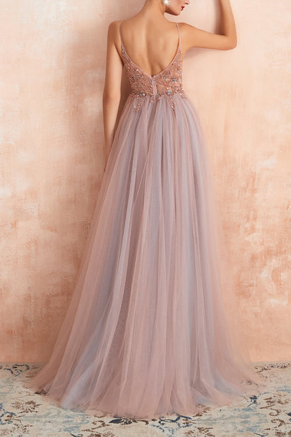 A Line Grey Pink V-neck Tulle Prom Dress with Slit