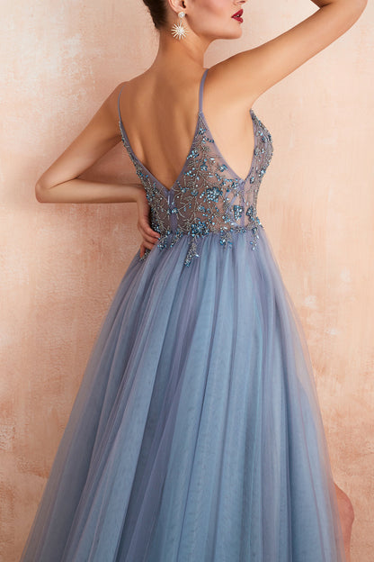 Blue A Line Spaghetti Straps Slit Tulle Prom Dress with Slit