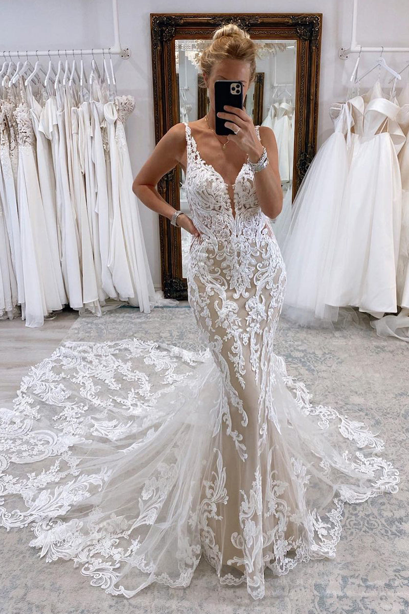 Mermaid V Neck Tulle Lace Wedding Dresses with Train