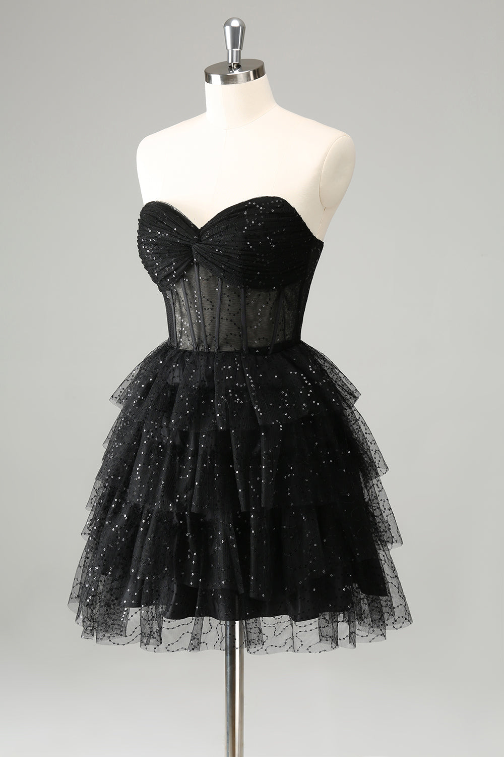 Sparkly Cute A Line Black Sweetheart Tiered Corset Homecoming Dress