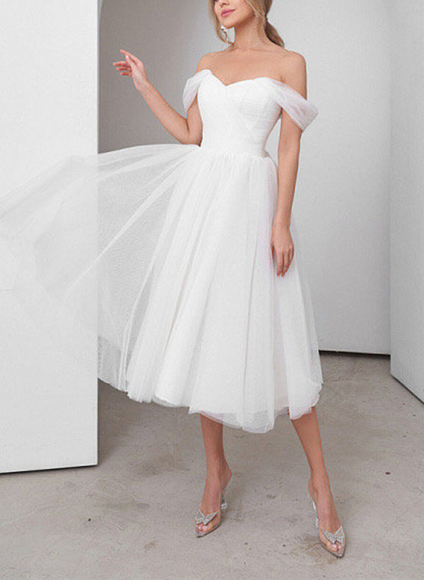 Sweet A-Line Off-The-Shoulder Little White Tulle Wedding Dresses