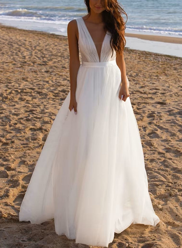 A-Line Deep V-neck Sleeveless Sweep Train Tulle Beach Wedding Dresses