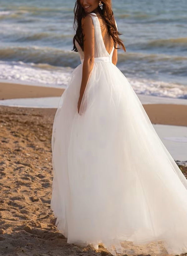 A-Line Deep V-neck Sleeveless Sweep Train Tulle Beach Wedding Dresses