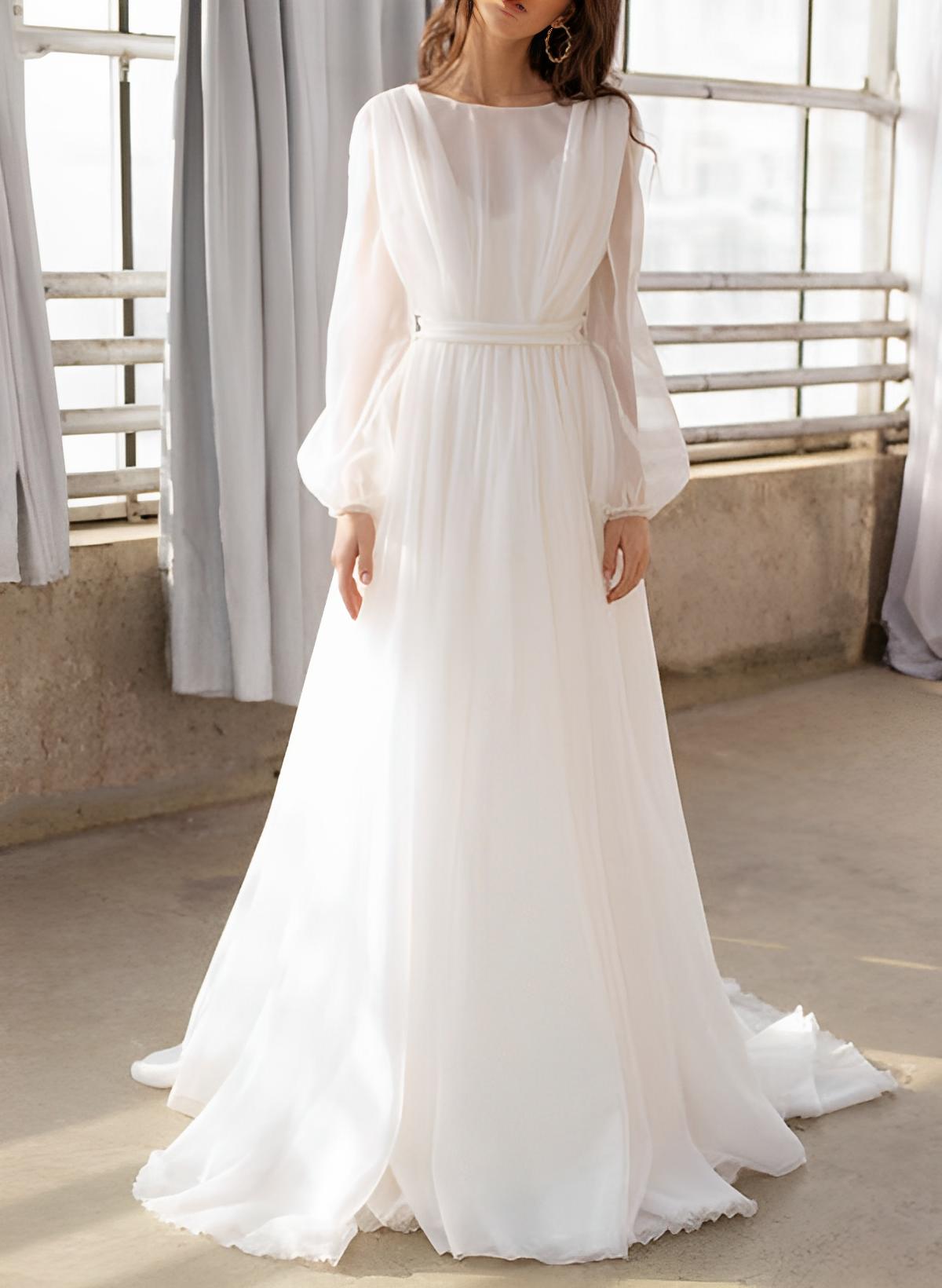 A-Line Illusion Neck Long Sleeves Sweep Train Chiffon Wedding Dresses