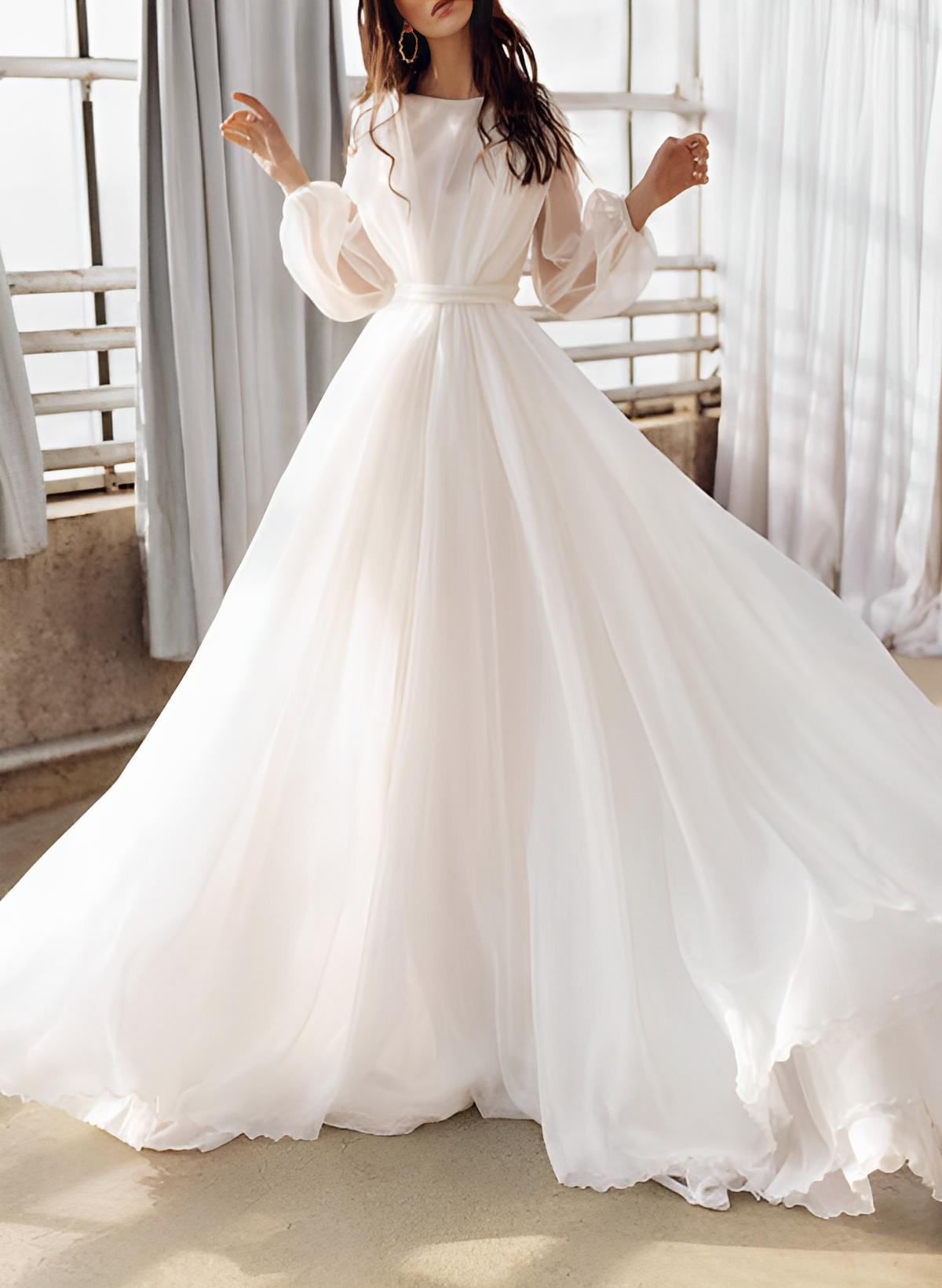 A-Line Illusion Neck Long Sleeves Sweep Train Chiffon Wedding Dresses