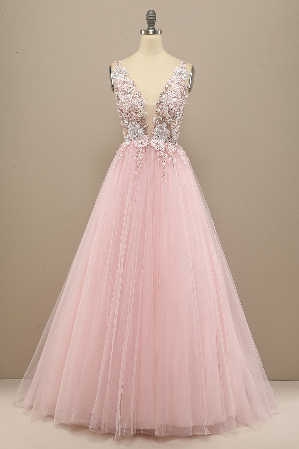 Gorgeous Deep V Neck Grey/Pink Prom Dress with Appliques