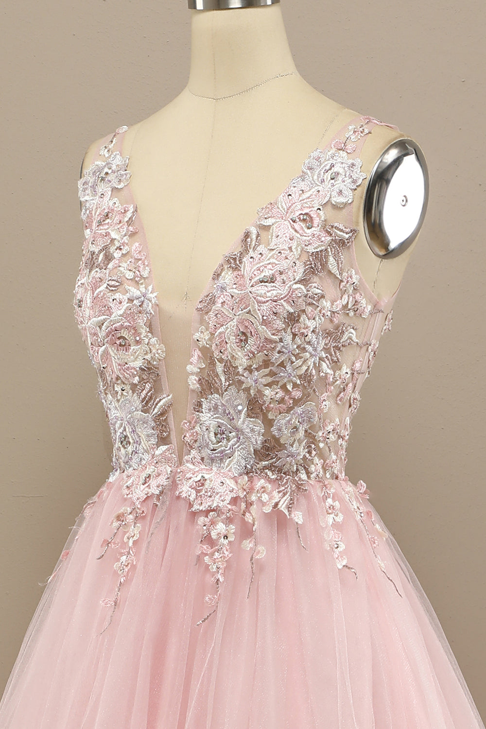 Gorgeous Deep V Neck Grey/Pink Prom Dress with Appliques