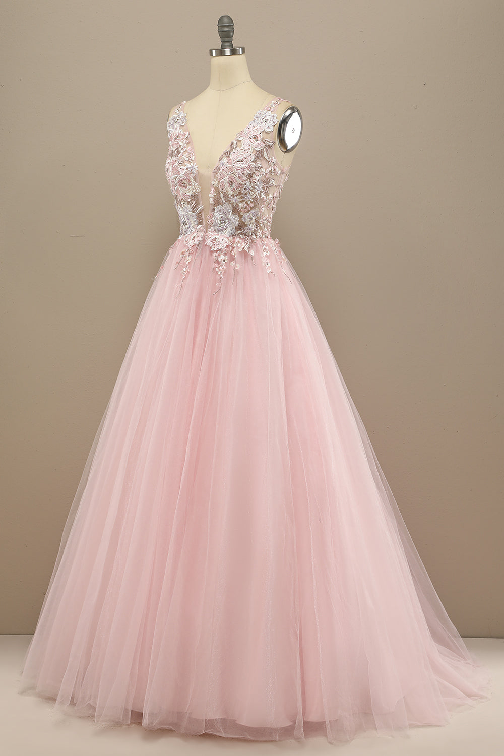 Gorgeous Deep V Neck Grey/Pink Prom Dress with Appliques