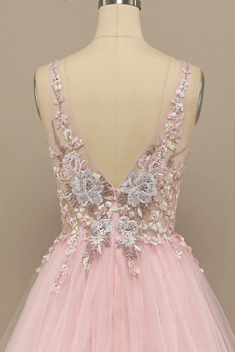 Gorgeous Deep V Neck Grey/Pink Prom Dress with Appliques