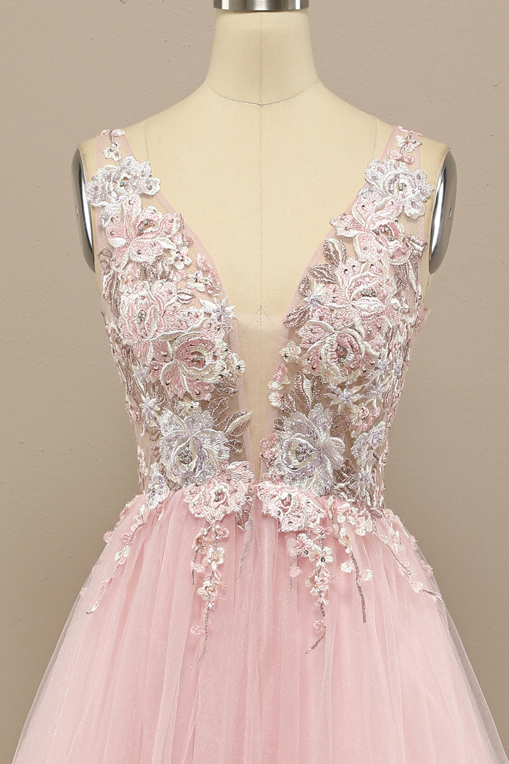 Gorgeous Deep V Neck Grey/Pink Prom Dress with Appliques