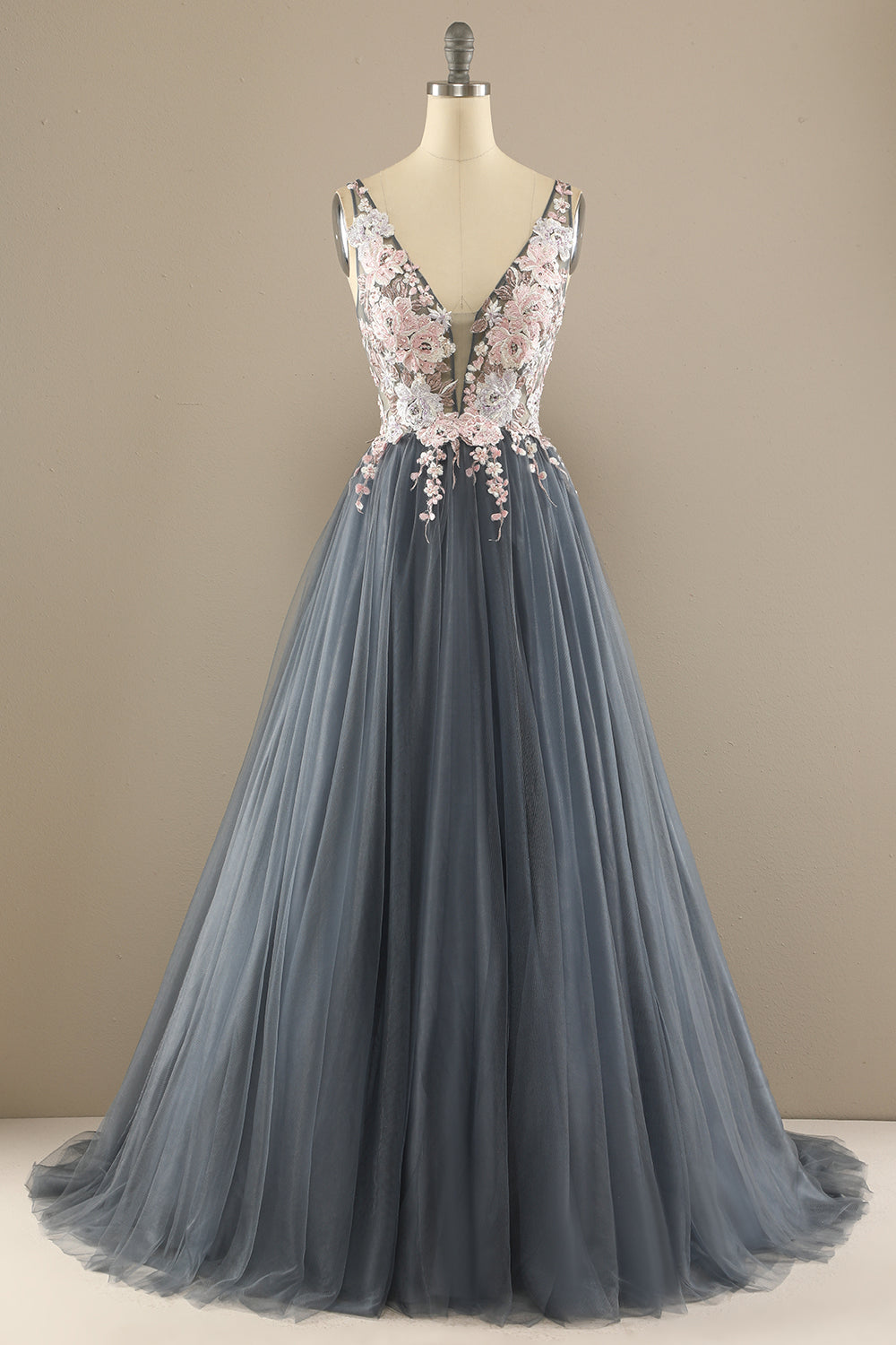 Gorgeous Deep V Neck Grey/Pink Prom Dress with Appliques