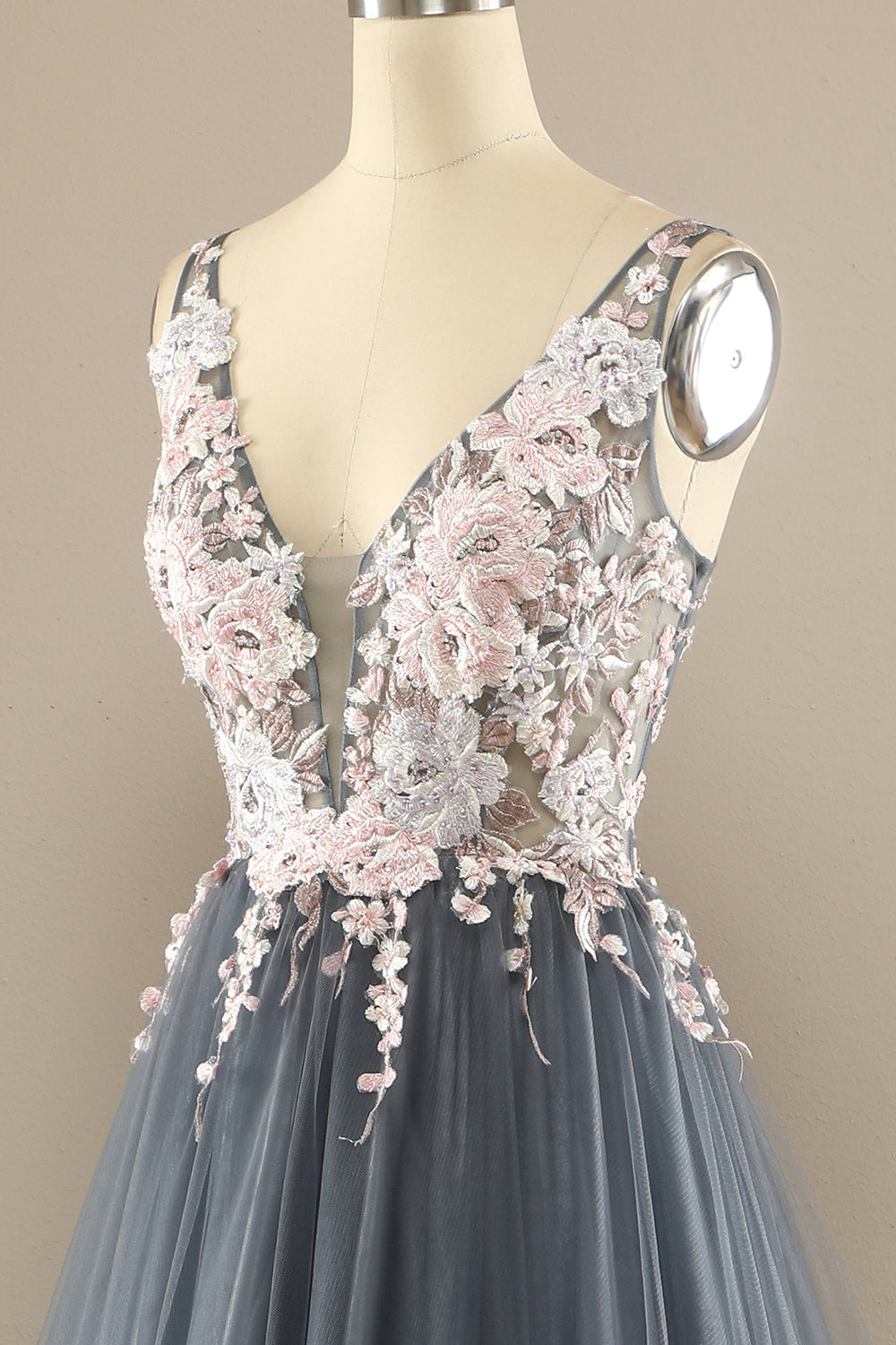 Gorgeous Deep V Neck Grey/Pink Prom Dress with Appliques