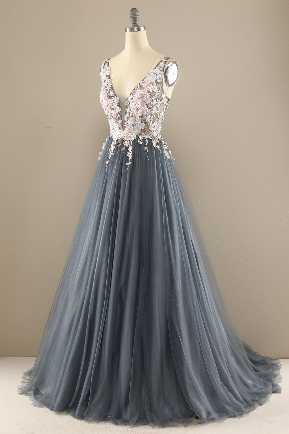 Gorgeous Deep V Neck Grey/Pink Prom Dress with Appliques