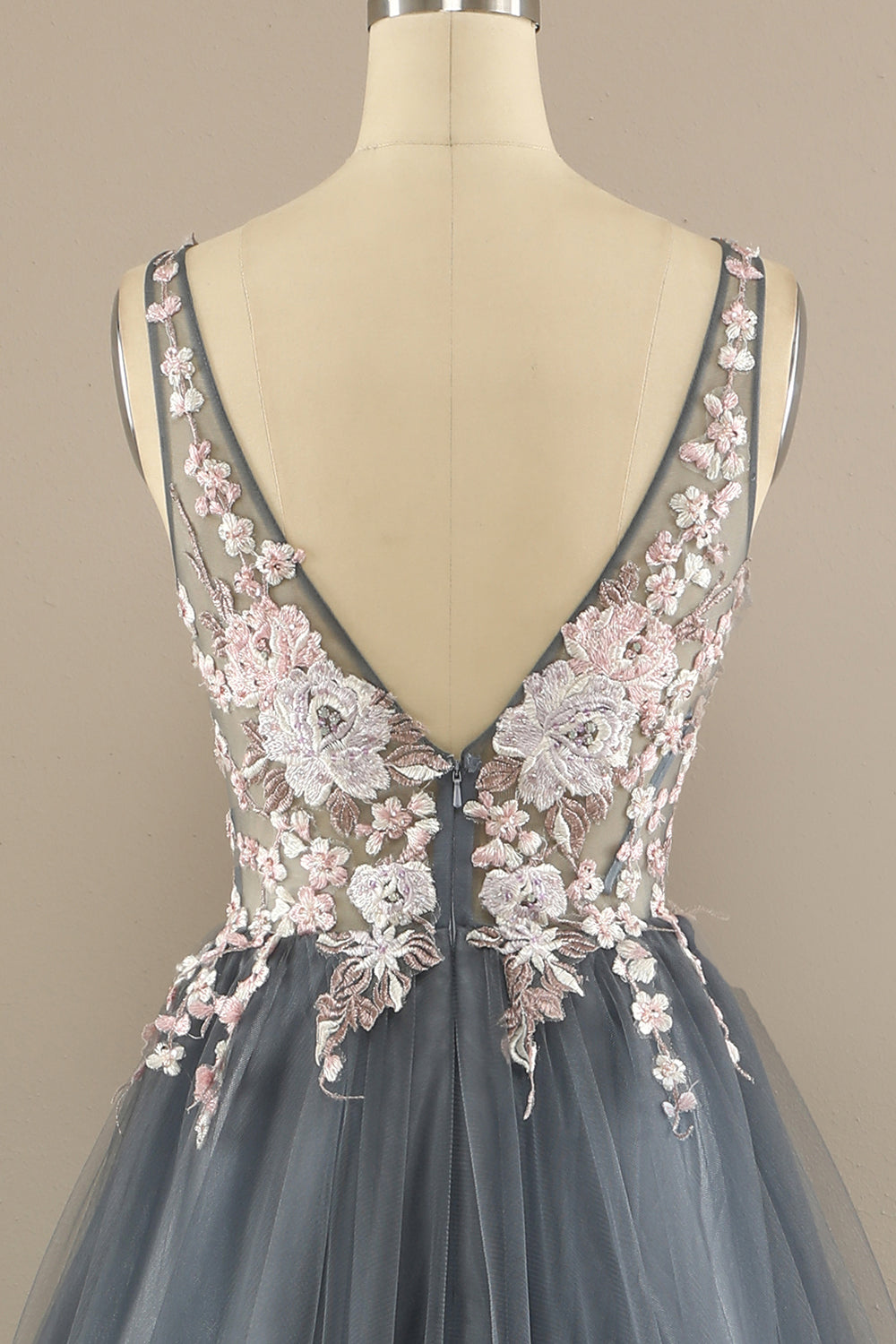 Gorgeous Deep V Neck Grey/Pink Prom Dress with Appliques