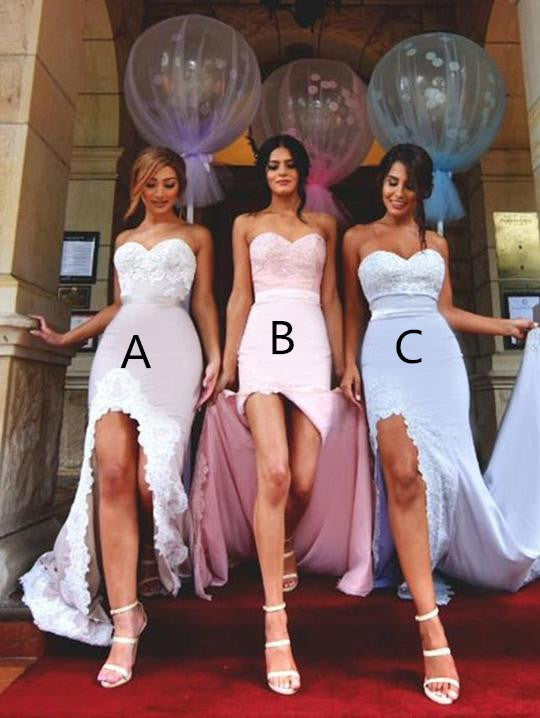 Mermaid Sweetheart Sweep Train Satin Appliqued Bridesmaid Dresses