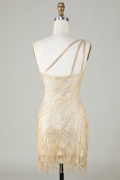 Sheath One Shoulder Golden Sequins Short Homecoming Dress with Tassel