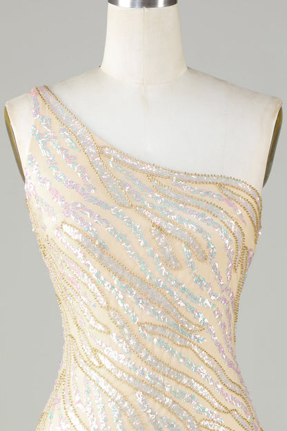 Sheath One Shoulder Golden Sequins Short Homecoming Dress with Tassel