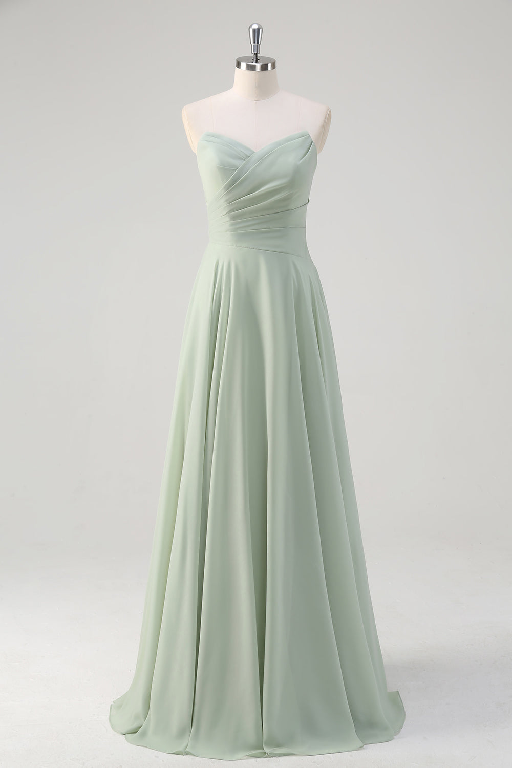 Matcha A Line Strapless Ruched Chiffon Long Bridesmaid Dress