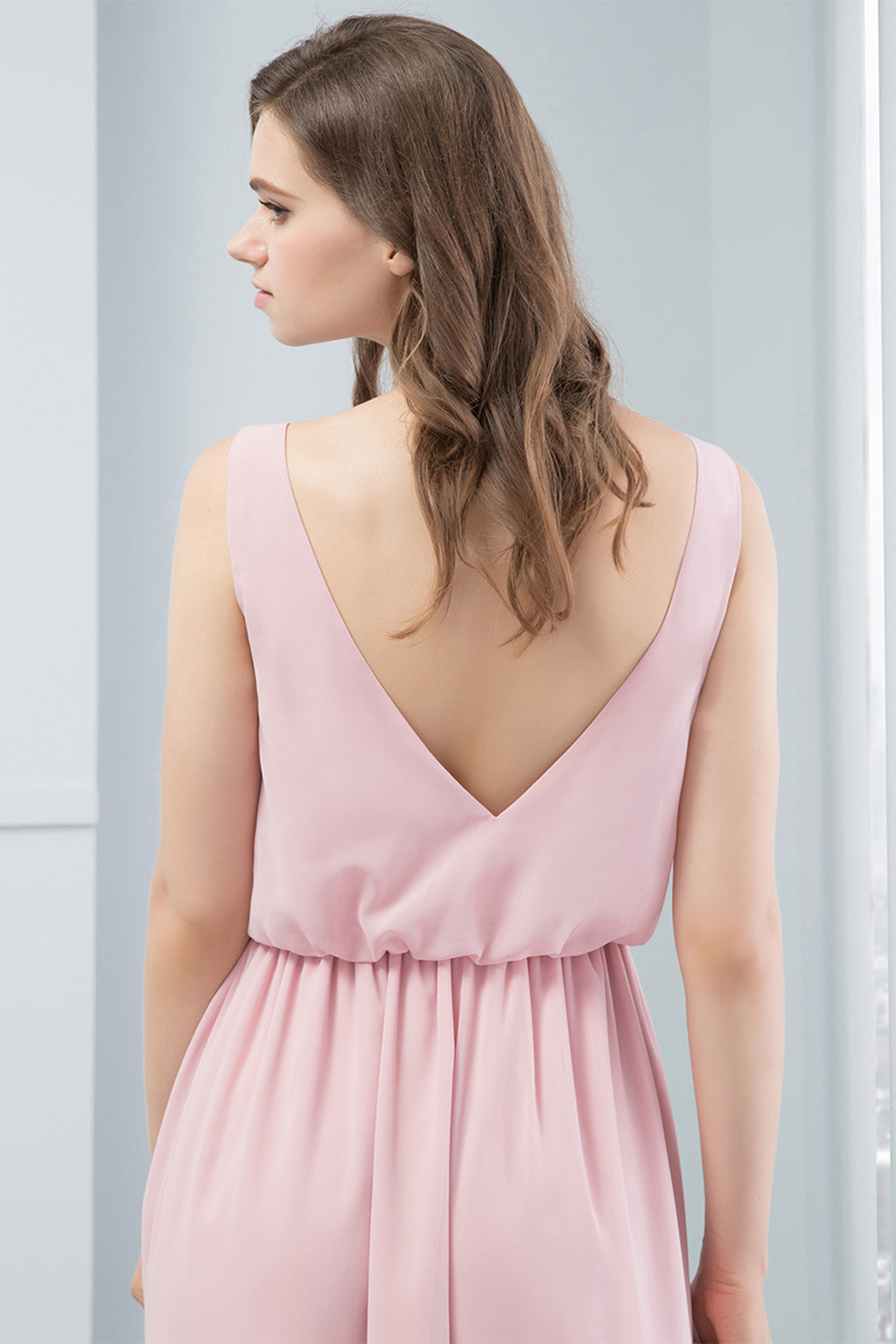 V Neck Blush Bridesmaid Dress with Split Front