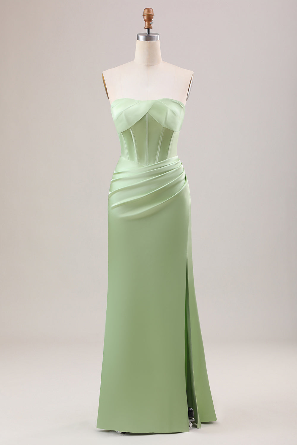 Sheath Corset Strapless Long Green Bridesmaid Dress With Slit