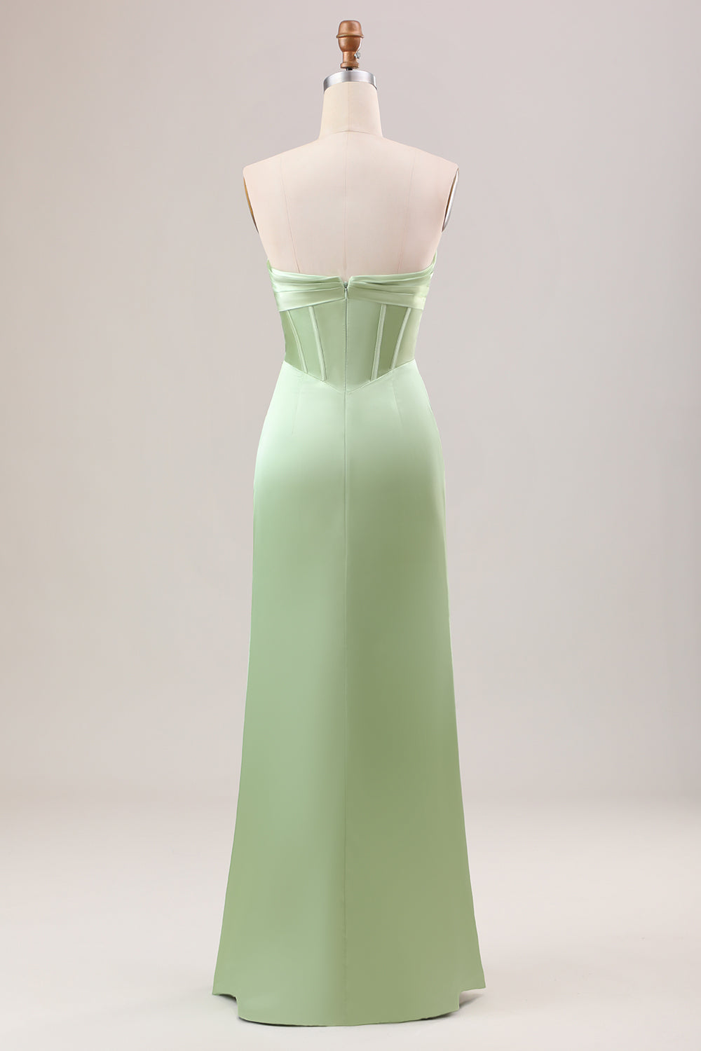 Green Sheath Corset Strapless Long Bridesmaid Dress With Slit