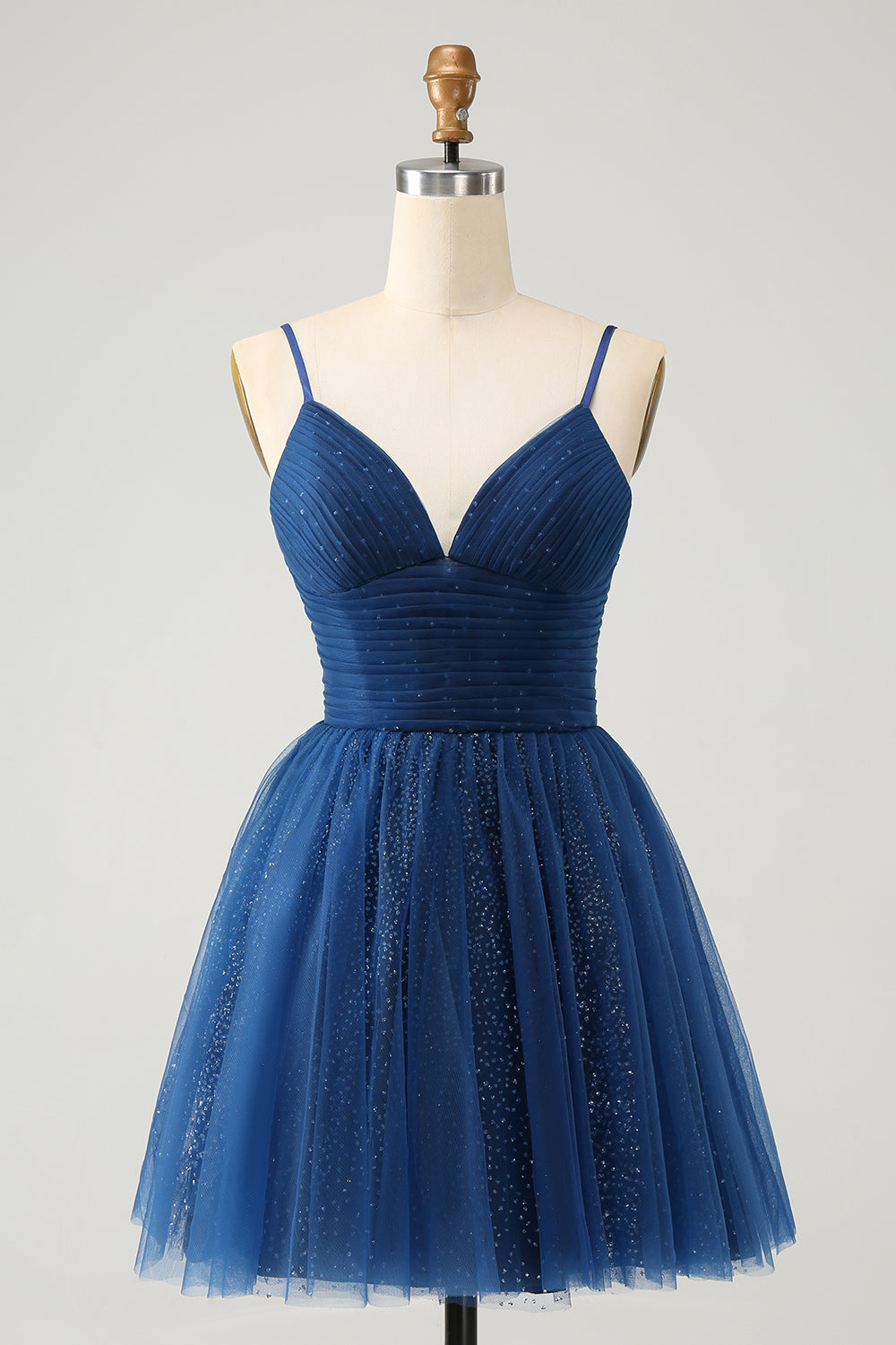 Navy A Line Spaghetti Straps Tulle Lace- Up Back Homecoming Dress