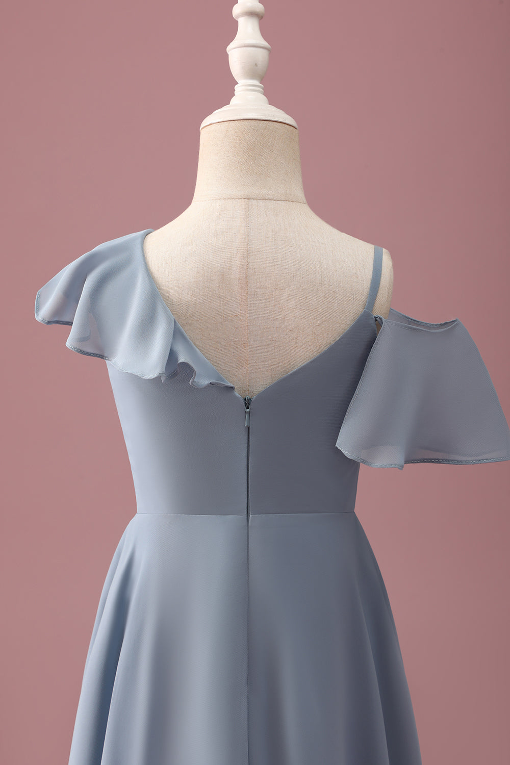 Dusty Blue High-Low Chiffon Junior Bridesmaid Dress with Ruffles