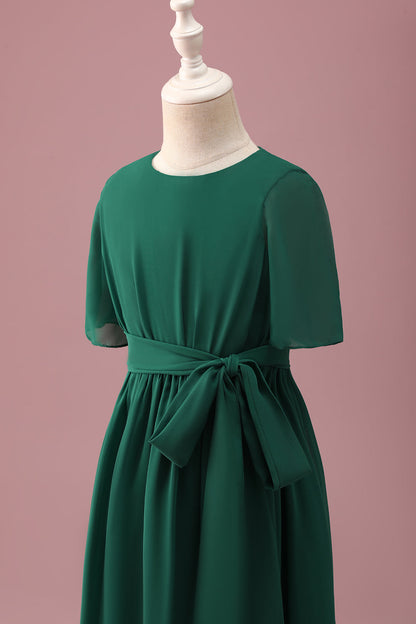 Green High-Low Junior Bridesmaid Dress with Short Sleeves