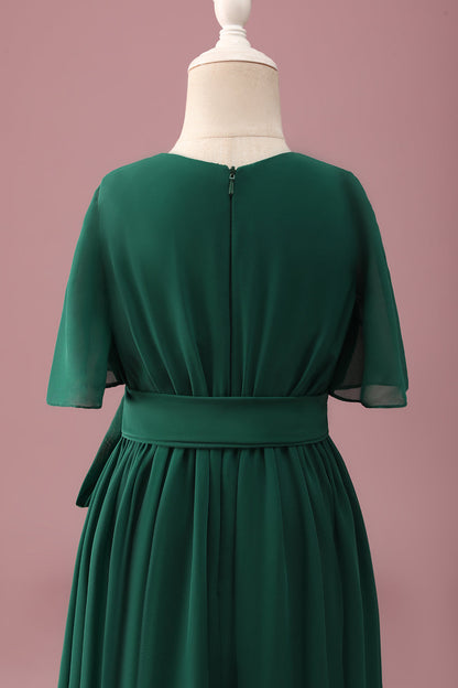 Green High-Low Junior Bridesmaid Dress with Short Sleeves