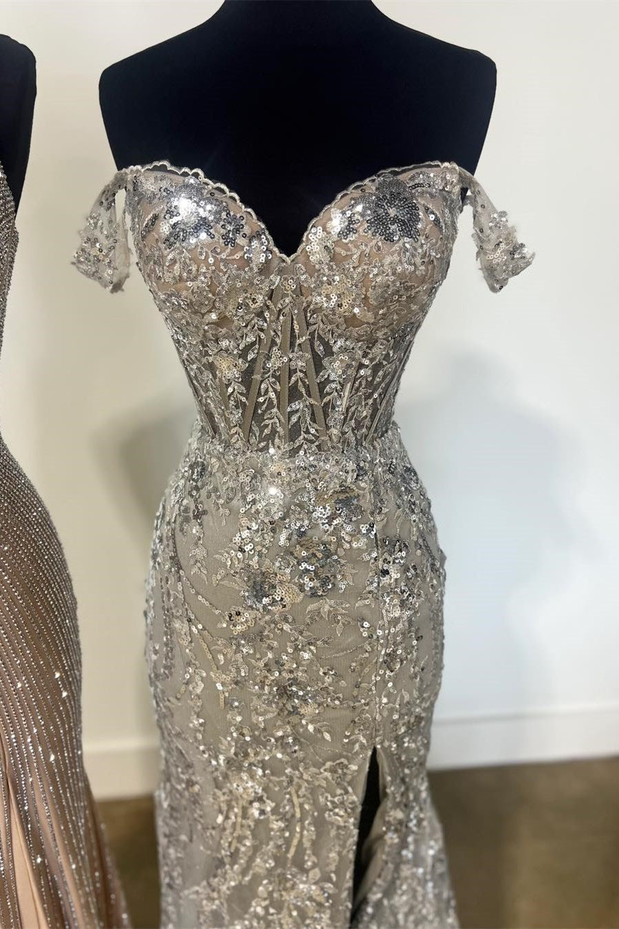 Soleil | Gold Sequin Lace Off the Shoulder Mermaid Prom Dress