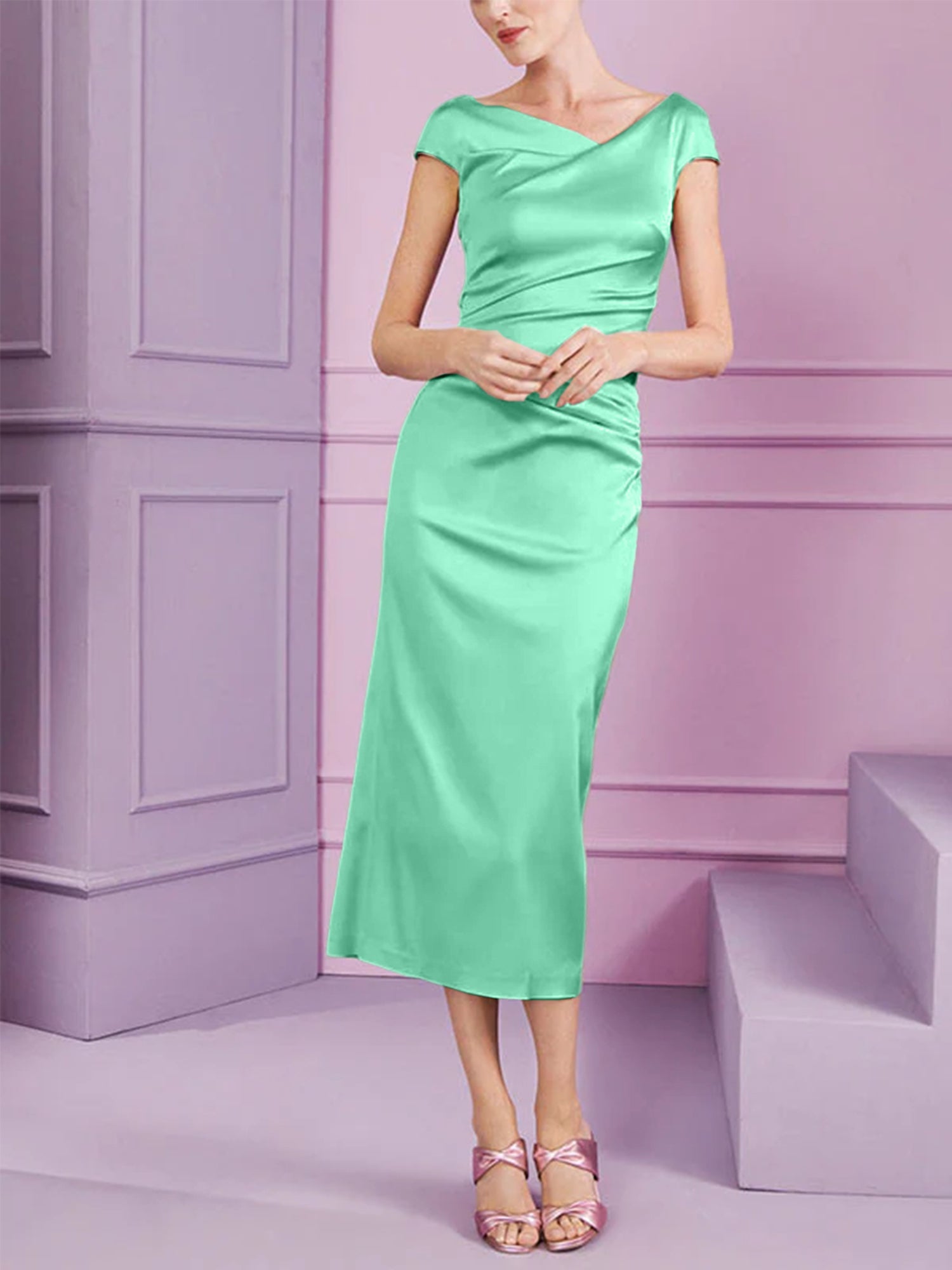 Sheath/Column Cowl Neck Short Sleeves Tea-Length Mother of the Bride Dresses with Ruffles