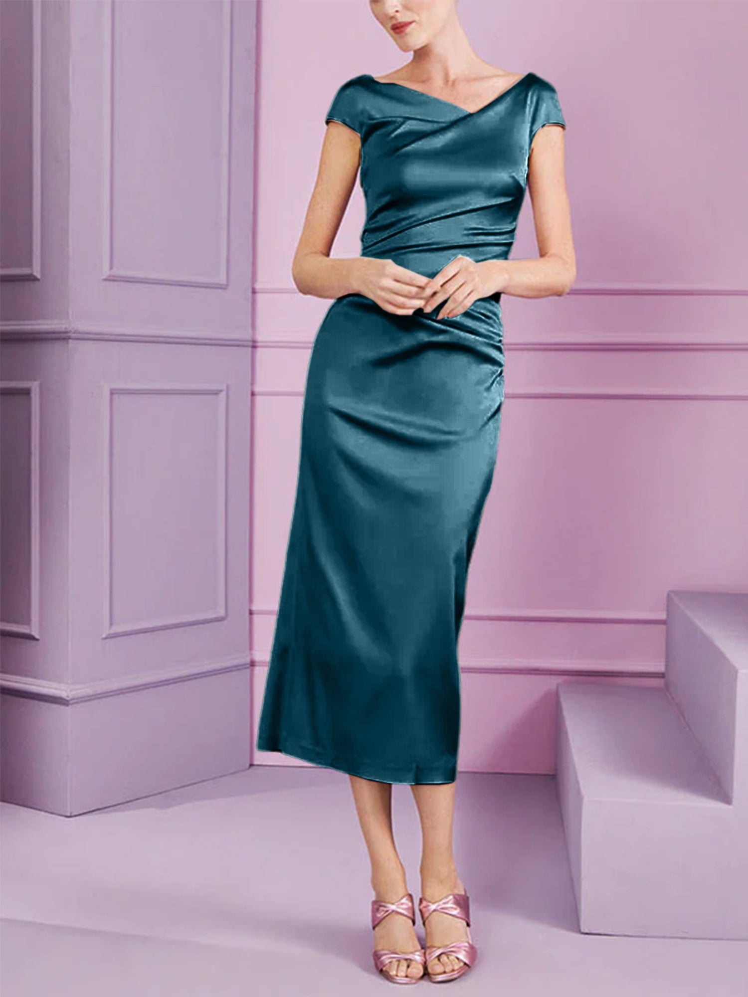 Sheath/Column Cowl Neck Short Sleeves Tea-Length Mother of the Bride Dresses with Ruffles