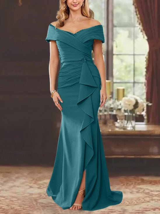 Sheath/Column Off-the-Shoulder Sleeveless Floor-Length Mother of the Bride Dresses With Ruffles