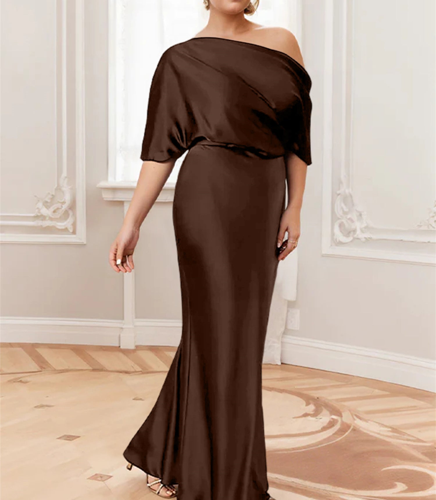 Sheath/Column One-Shoulder Half Sleeves Floor-Length Plus Size Mother of the Bride Dresses