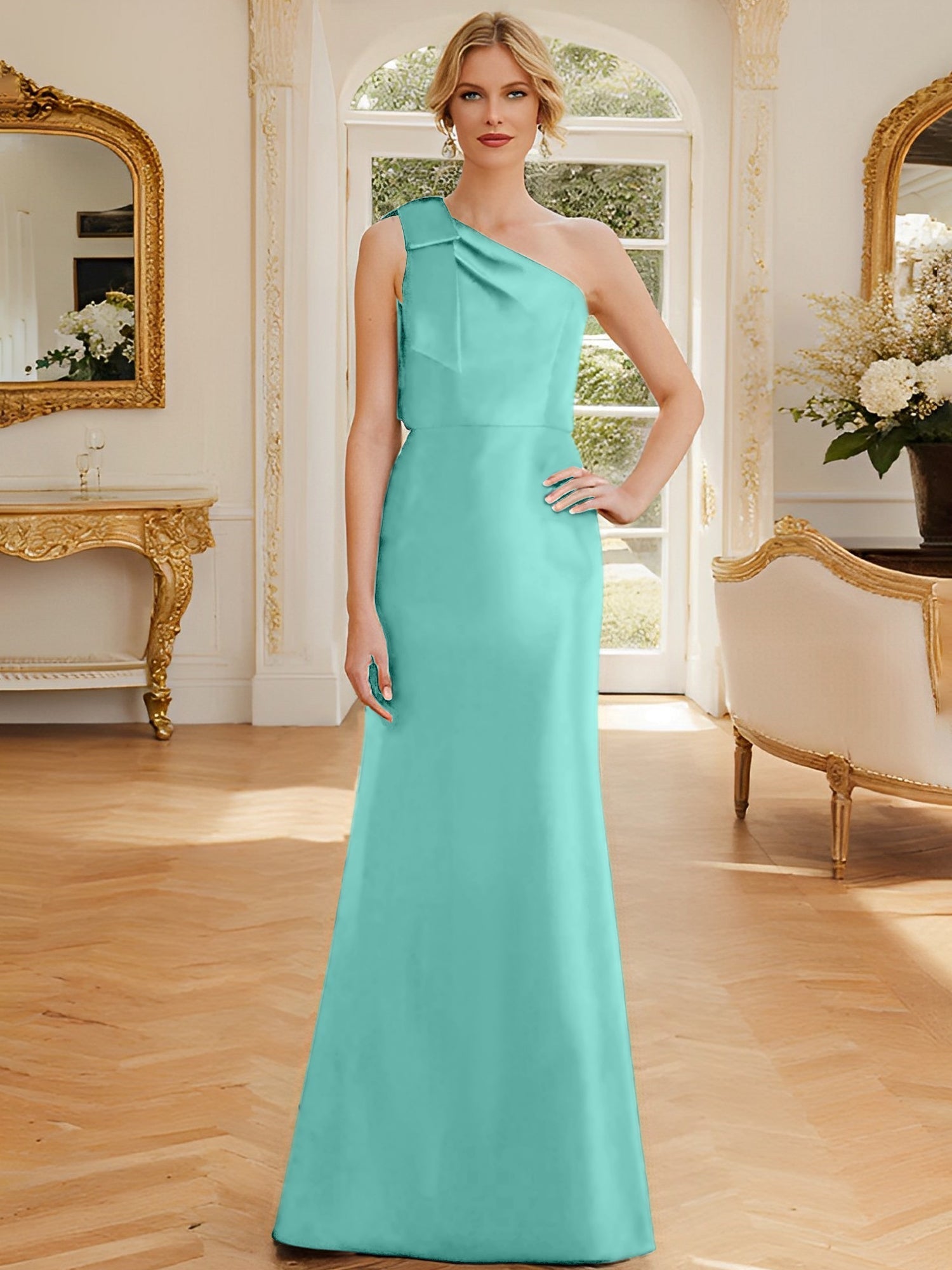 Sheath/Column One-Shoulder Sleeveless Satin Mother of the Bride Dresses with Bowknot