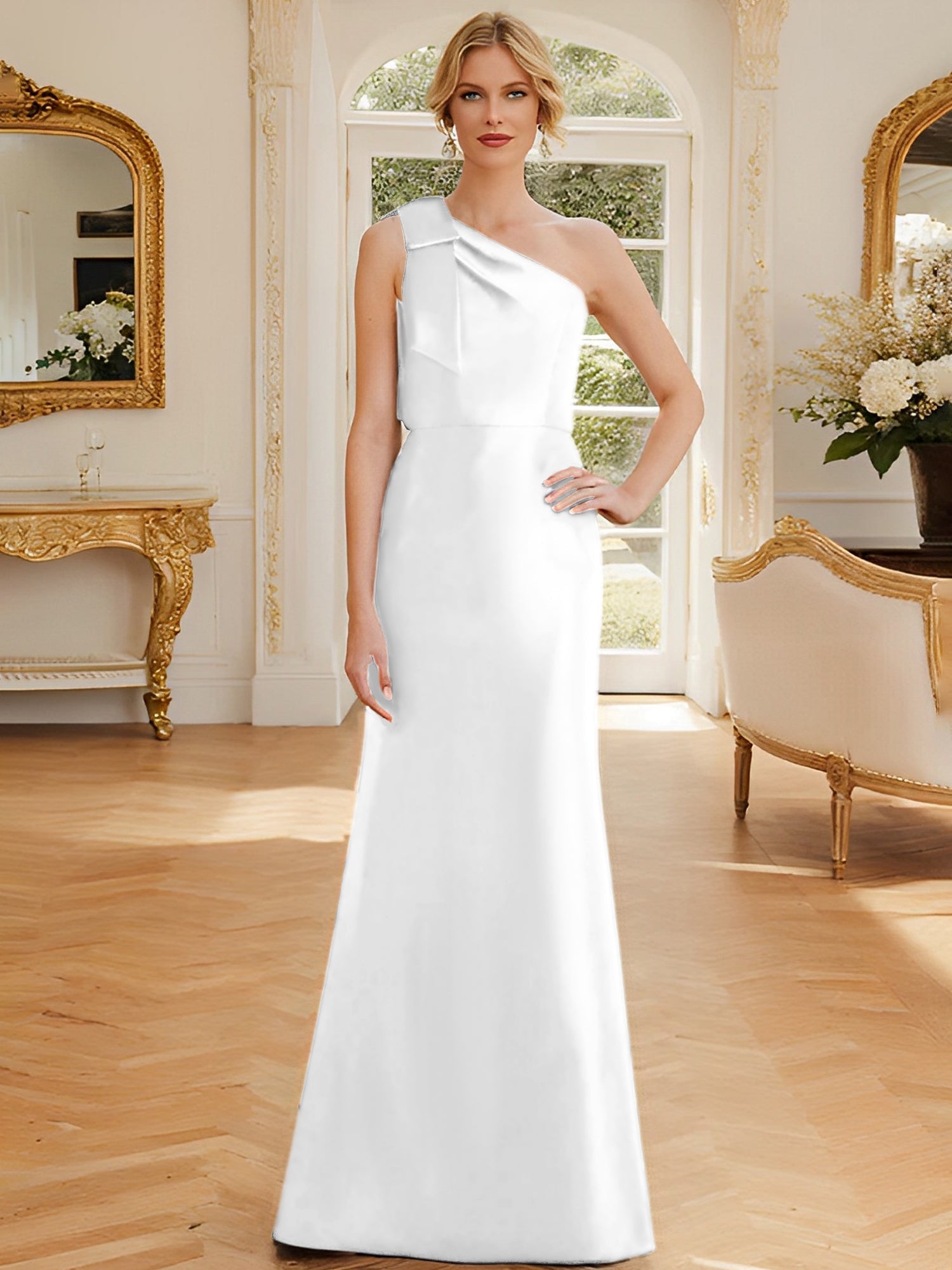 Sheath/Column One-Shoulder Sleeveless Satin Mother of the Bride Dresses with Bowknot