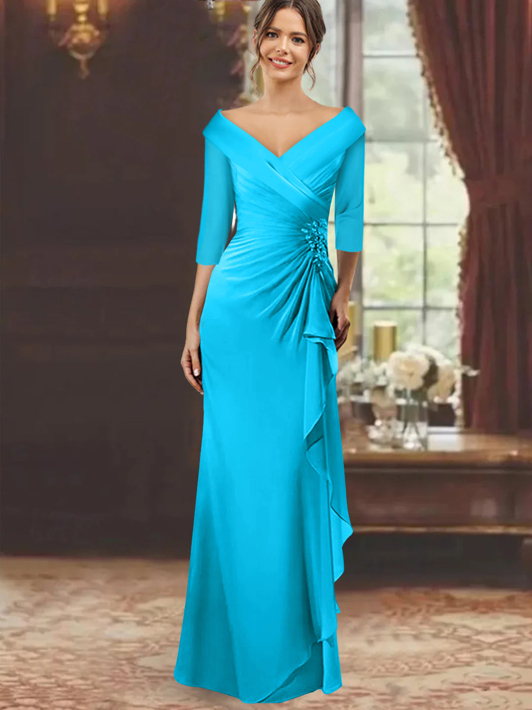 Sheath/Column V-Neck Half Sleeves Floor-Length Mother of the Bride Dresses with Ruffles & Appliques