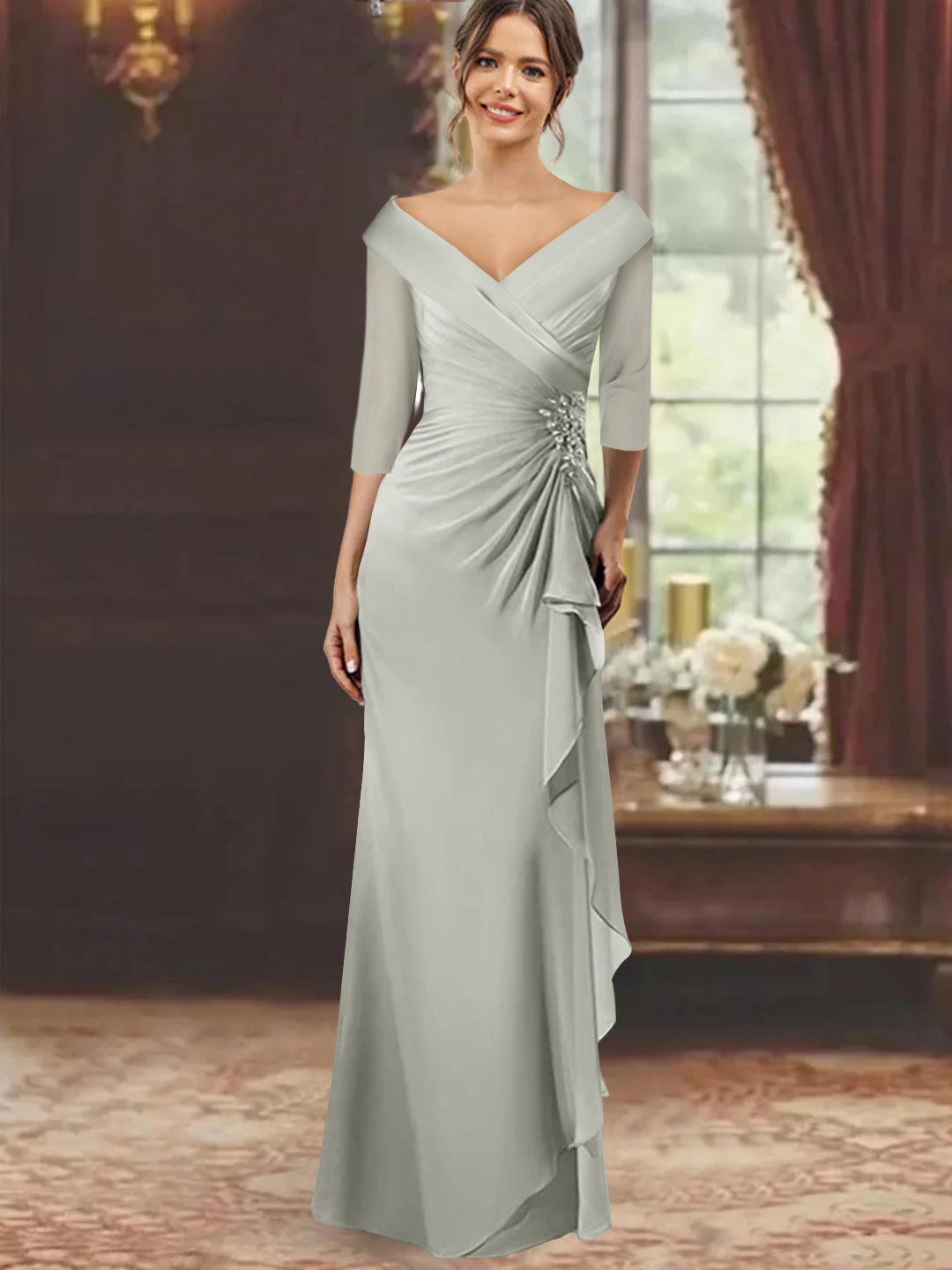 Sheath/Column V-Neck Half Sleeves Floor-Length Mother of the Bride Dresses with Ruffles & Appliques