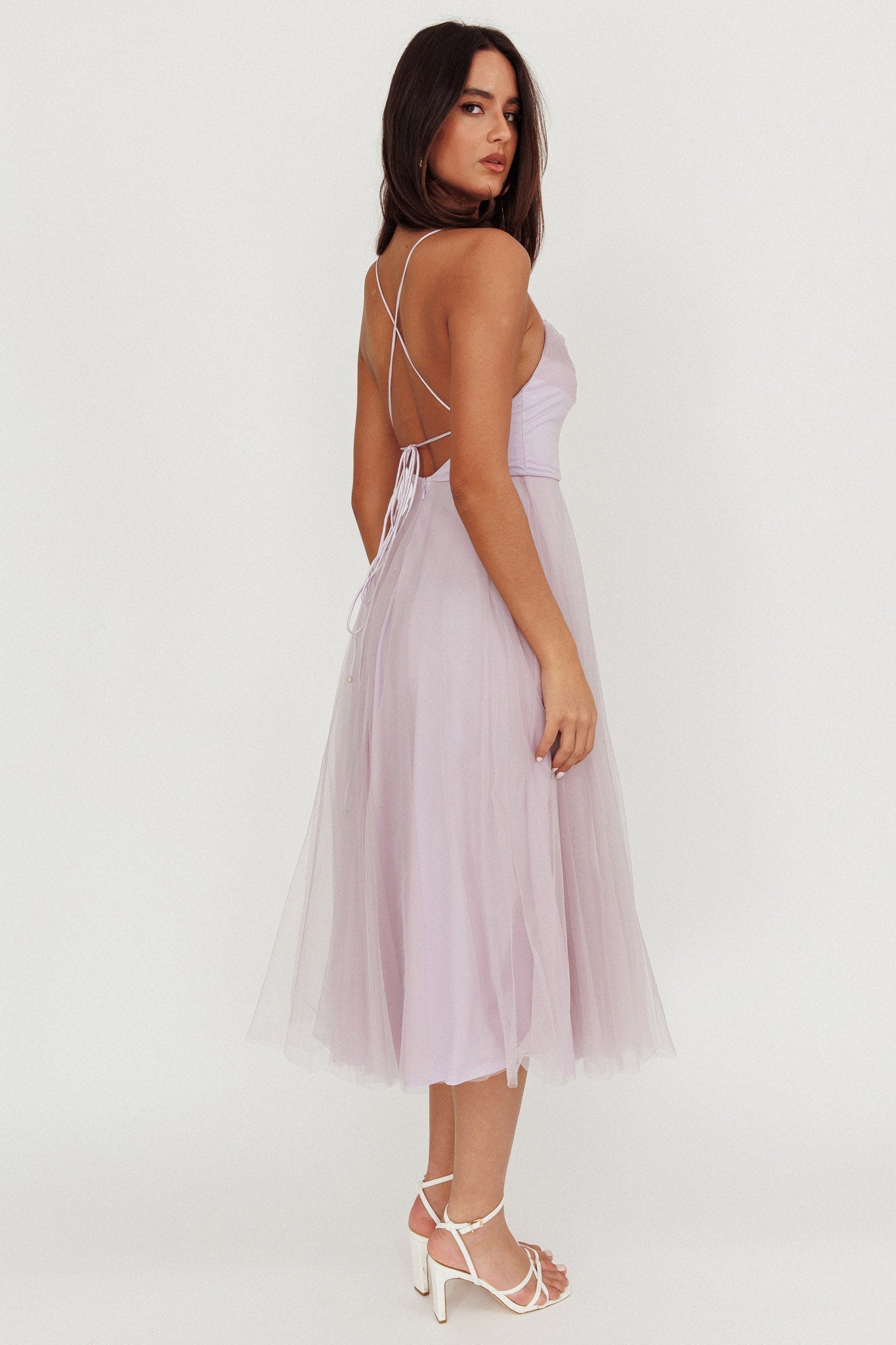 Floating By Pleated Neckline Mesh Midi Dress Lilac