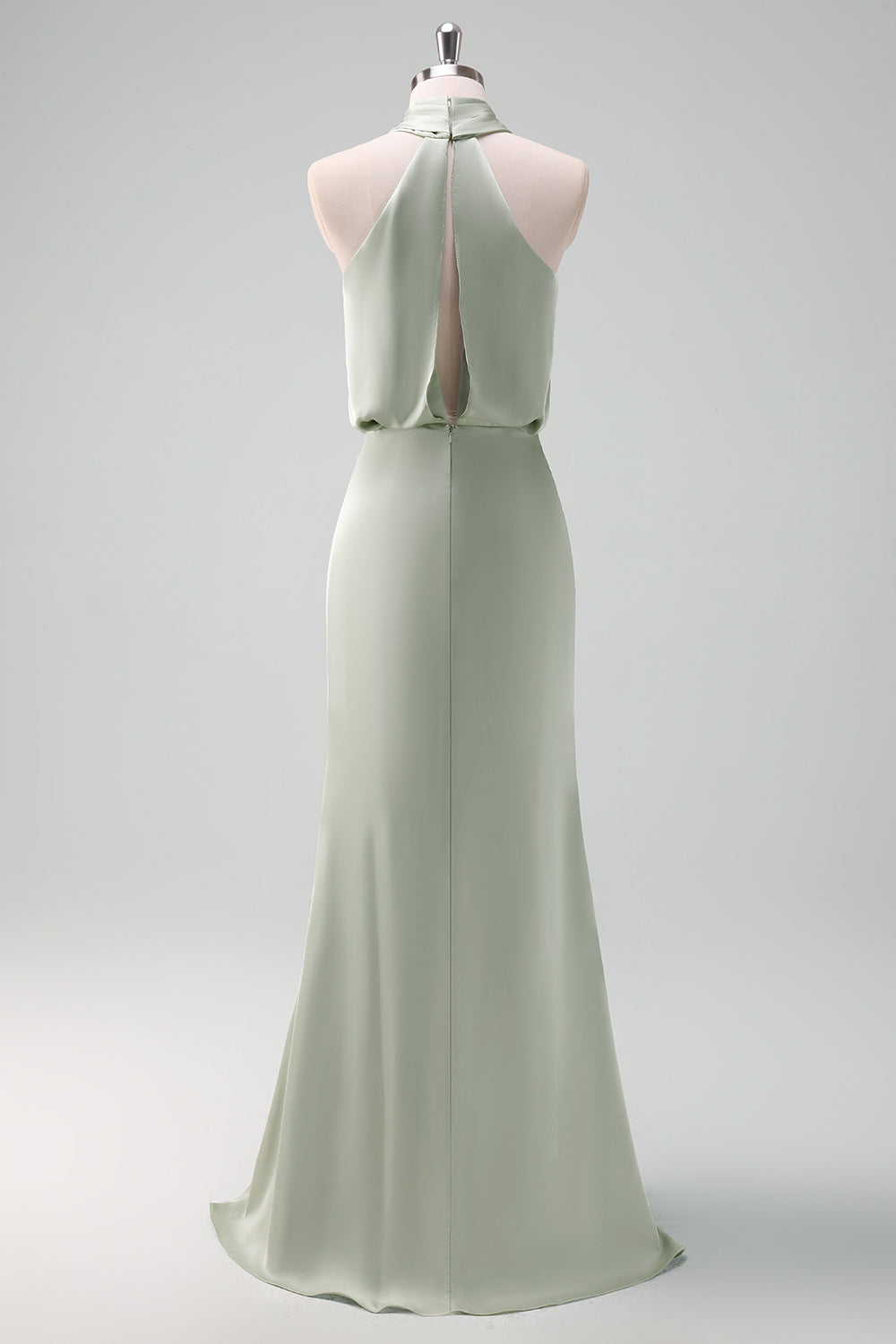 Dusty Sage Sheath Halter Neck Satin Long Bridesmaid Dress