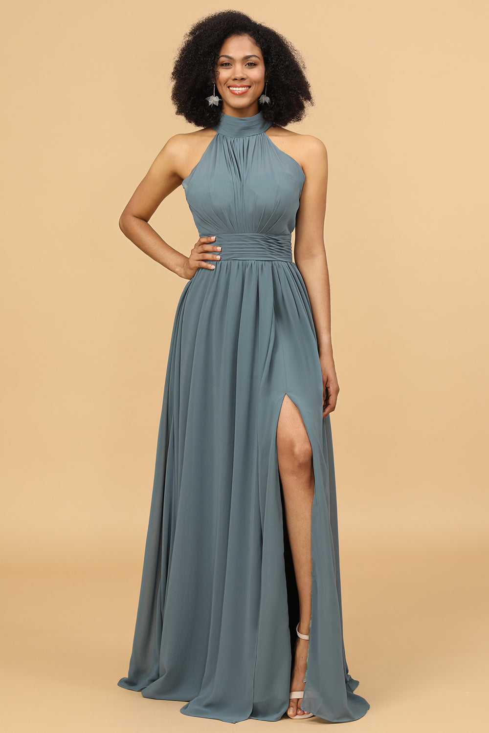 Grey Halter Neck Long Bridesmaid Dress